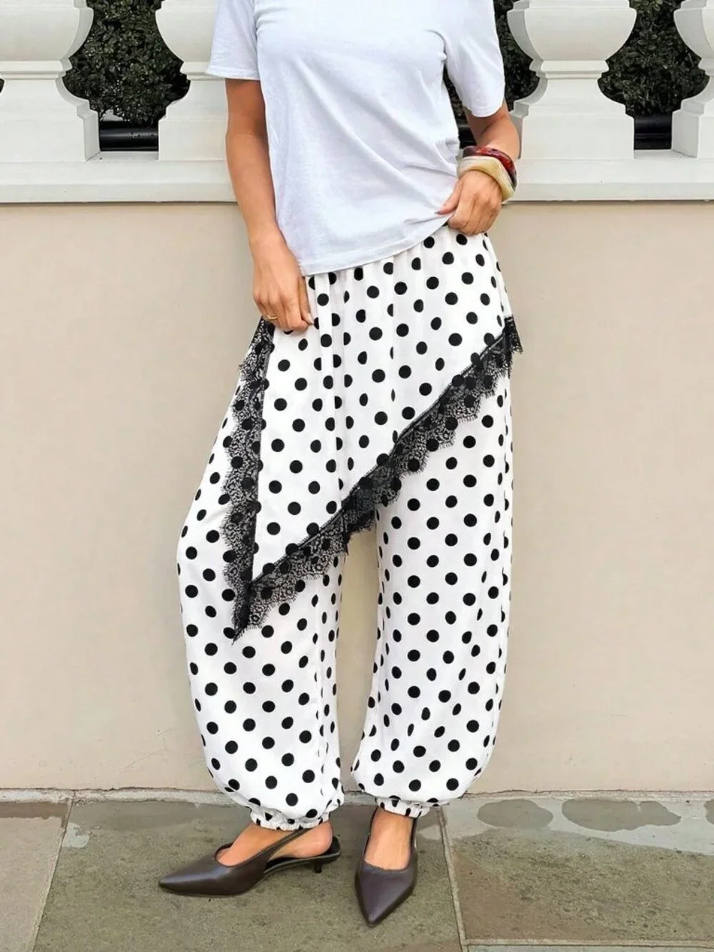 White Casual Women's Polka Dot Lace Elastic Waist Pants - Picture 1 of 5